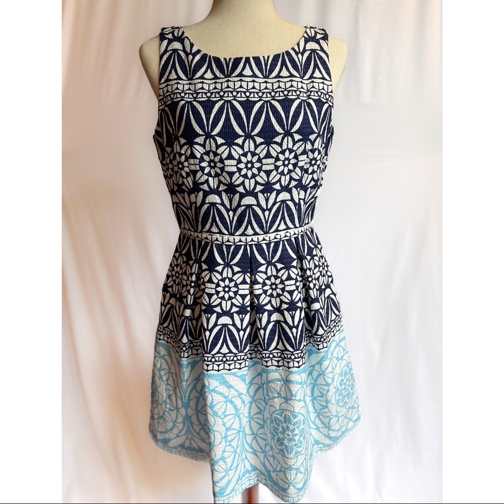 Blue Designed Sleeveless Summer Fit-Flare Dress